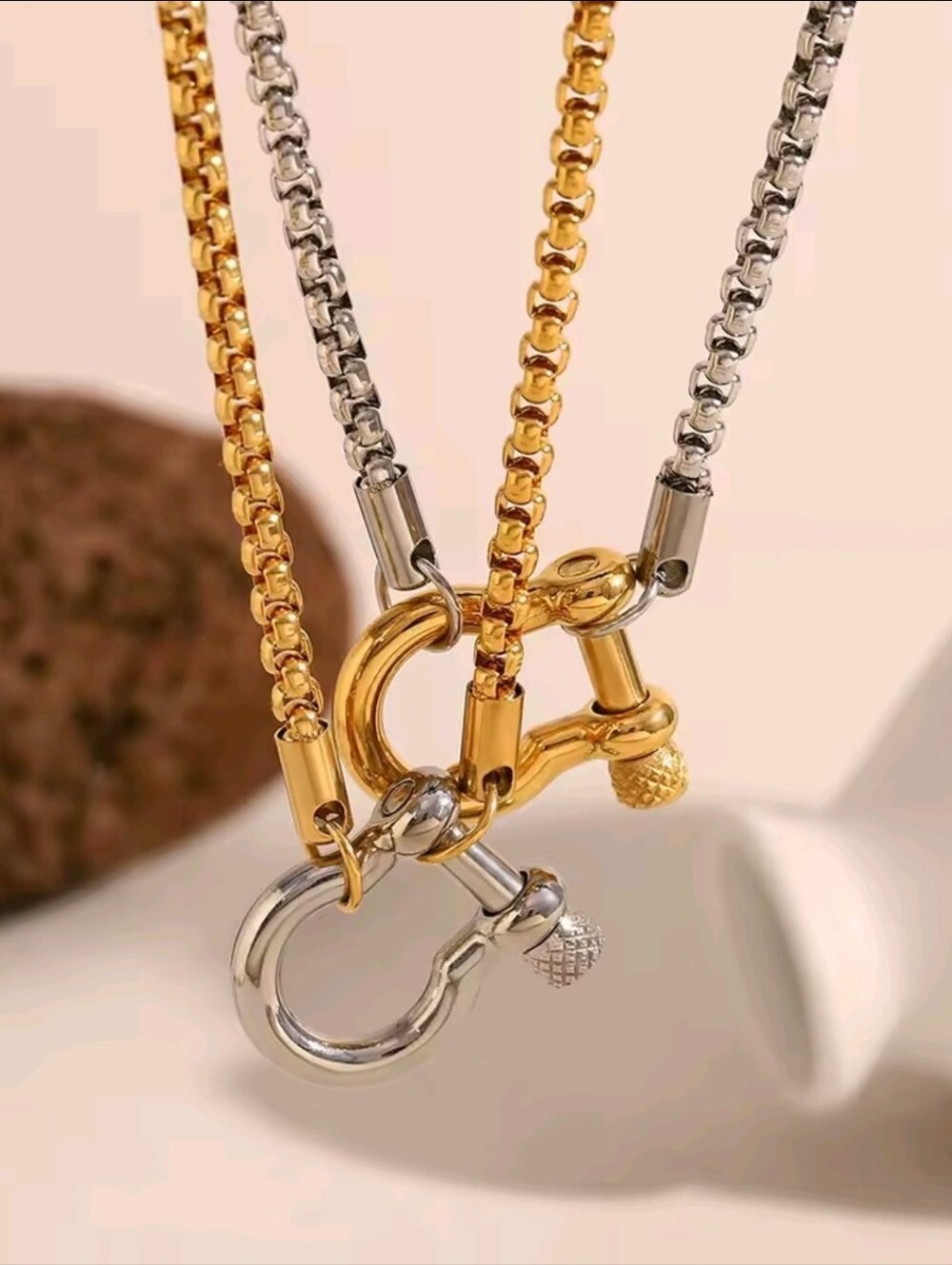 Gold and Silver Two-Tone Chain Necklace with D-Ring - Picture 6 of 12